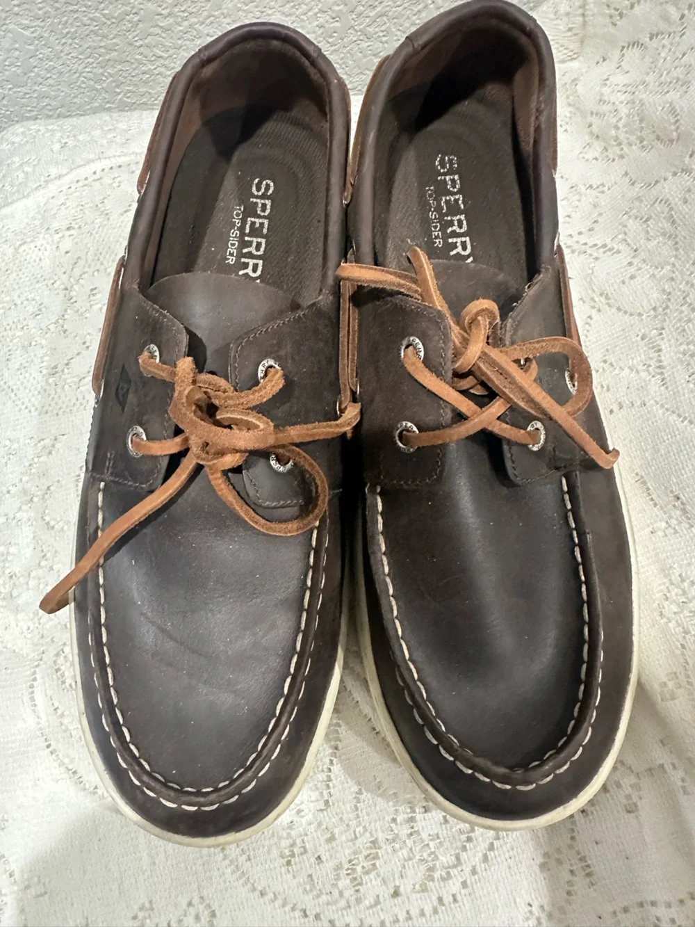 Sperry Dark Brown Leather Moc Toe Boat Shoes with Tan Laces size 11